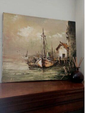 Vintage Maritime Oil on Canvas, Wall Art